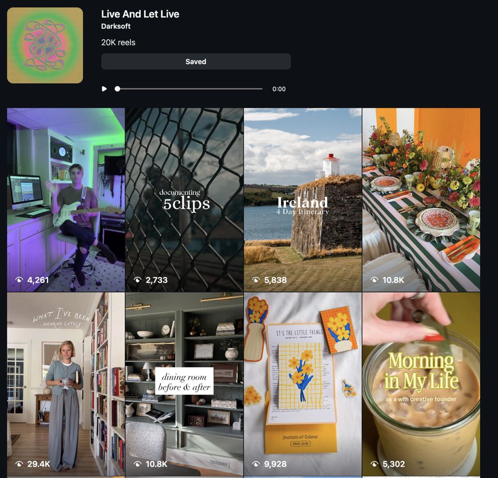 Instagram audio page for “Live And Let Live” by Darksoft showing 20K reels